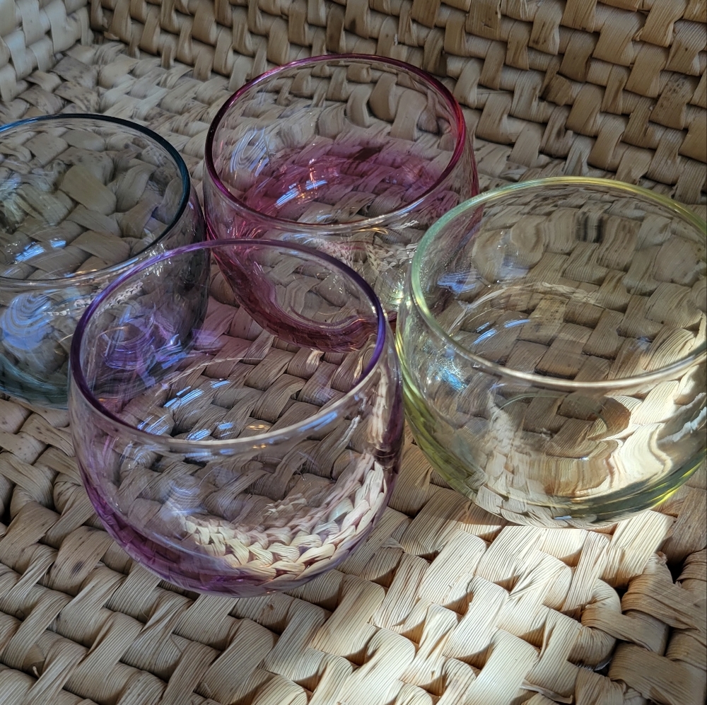 Vintage 4 Piece Bubble Glasses Iridescent Glass Pink Purple Yellow Blue Stemless